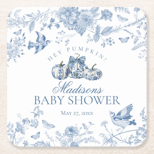Blue Toile Pumpkin French Fall Floral Baby Shower スクエアペーパーコースター (正面)