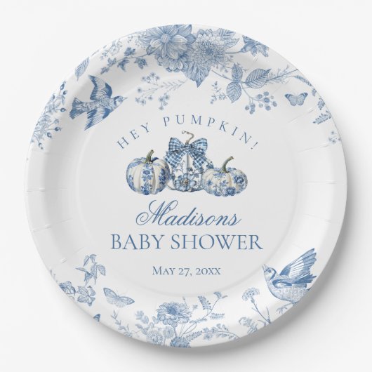 Blue Toile Pumpkin French Fall Floral Baby Shower ペーパープレート (正面)