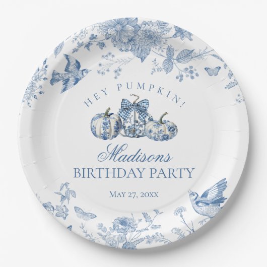 Blue Toile Pumpkin French Fall Floral Birthday ペーパープレート (正面)