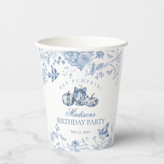 Blue Toile Pumpkin French Fall Floral Birthday 紙コップ (正面)