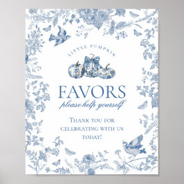 Blue Toile Pumpkin French Fall Floral Favors Sign ポスター