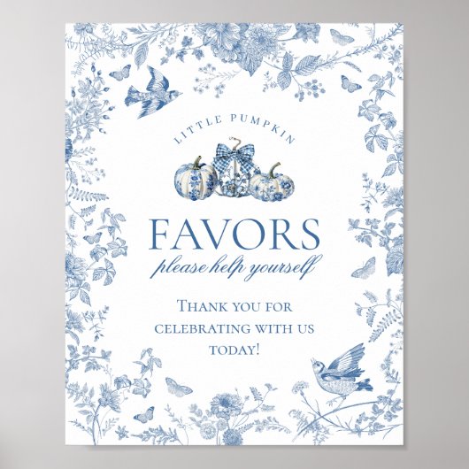 Blue Toile Pumpkin French Fall Floral Favors Sign ポスター (正面)