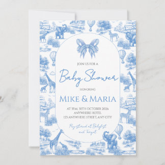 Blue Toile Safari Baby Shower Invitation 招待状