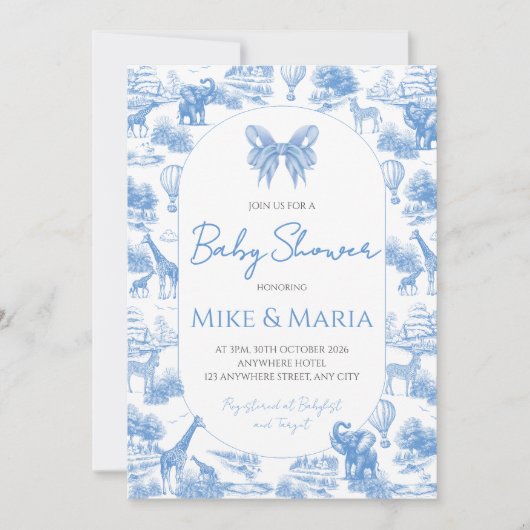 Blue Toile Safari Baby Shower Invitation 招待状 (正面)