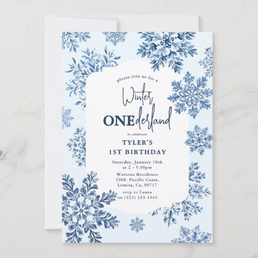 Blue Toile Snowflake Winter 1st Birthday 招待状 (正面)