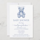 Blue Toile Teddy Bear Boy Baby Shower  招待状 (正面)