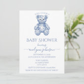 Blue Toile Teddy Bear Boy Baby Shower  招待状 (スタンド正面)