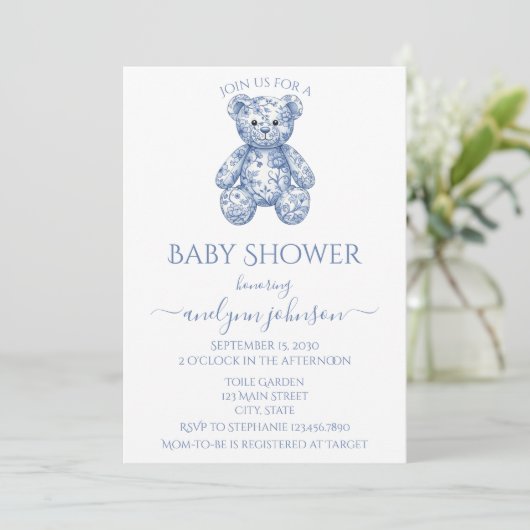 Blue Toile Teddy Bear Boy Baby Shower 招待状 (スタンド正面)