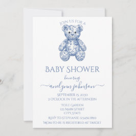 Blue Toile Teddy Bear Boy Baby Shower  招待状