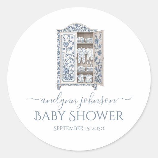 Blue Toile Victorian Wardrobe Baby Shower  ラウンドシール (正面)