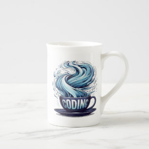 Blue Tone Coffee Binary Numbersプログラマ ボーンチャイナマグカップ