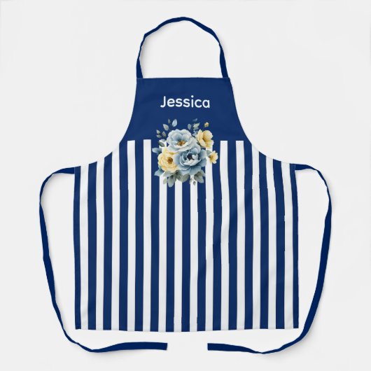 Blue Top with White Stripes Floral  エプロン (正面)