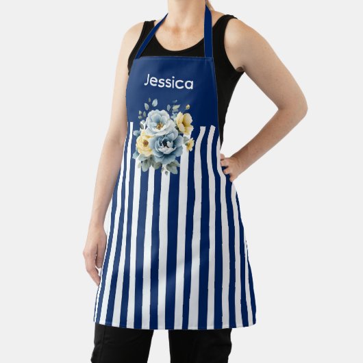 Blue Top with White Stripes Floral  エプロン (インサイチュ)