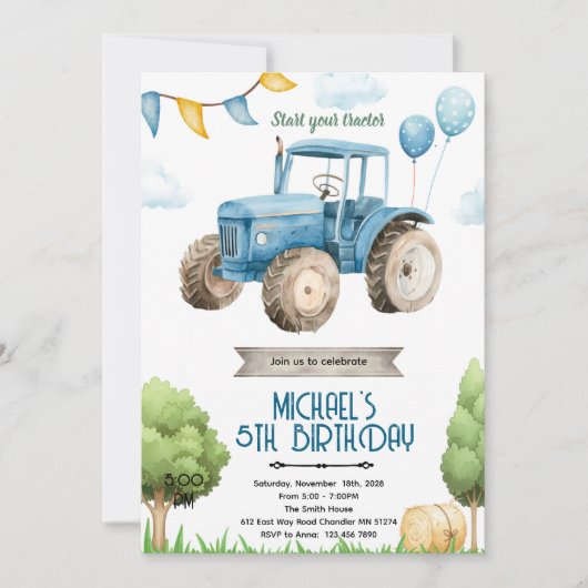 Blue tractor birthday party invitation 招待状 (正面)