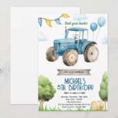Blue tractor birthday party invitation 招待状 (正面/裏面)