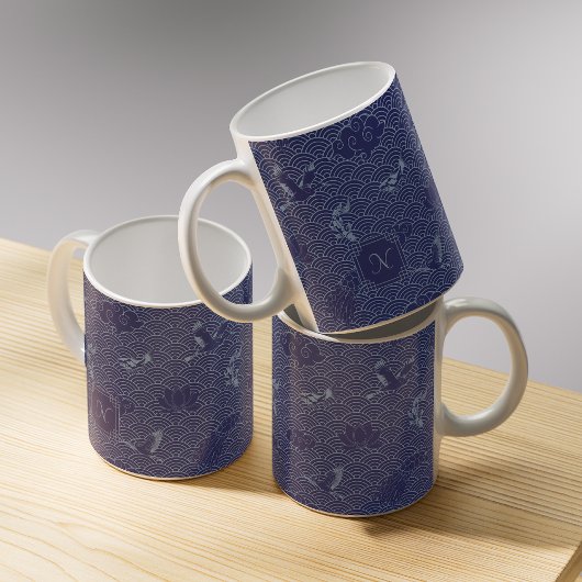 Blue Traditional Japanese Wave Seigaiha Monogram コーヒーマグカップ