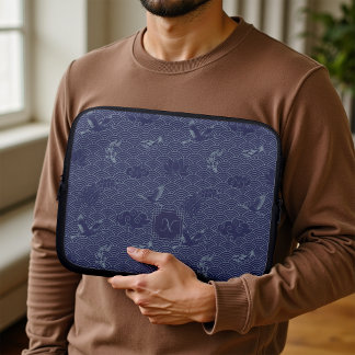 Blue Traditional Japanese Wave Seigaiha Monogram ラップトップスリーブ