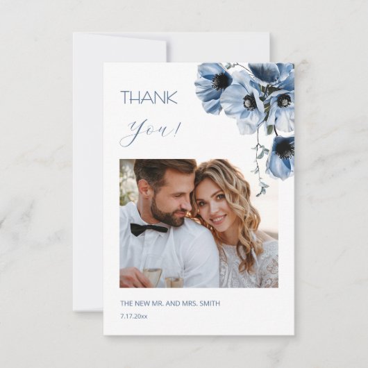 Blue Transparent Flowers Wedding Thank You Card サンキューカード (正面)