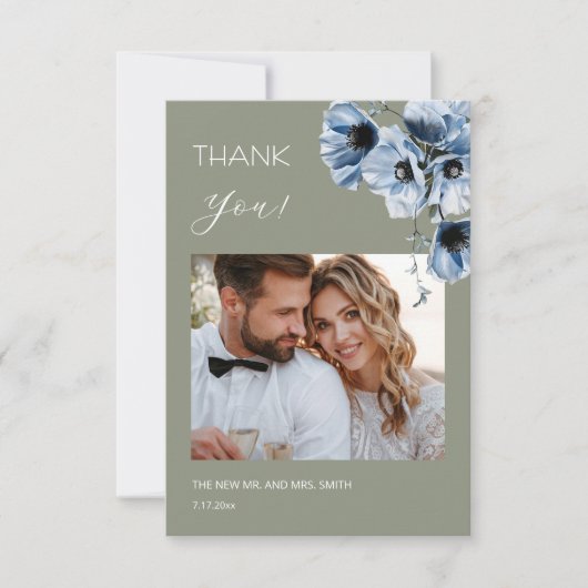 Blue Transparent Flowers Wedding Thank You Card サンキューカード (正面)