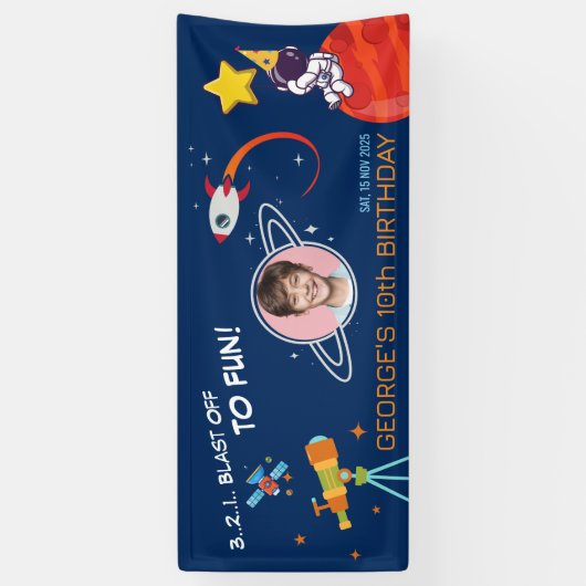 Blue Trendy Cosmic Rocket Planet Kids Birthday 横断幕 (縦)