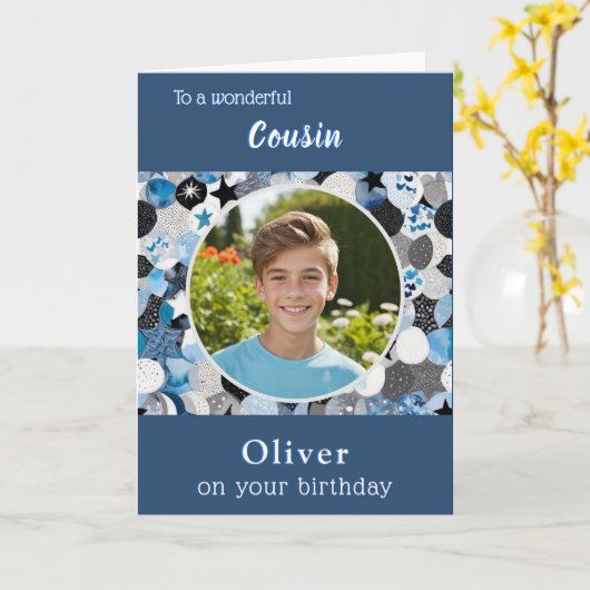 Blue Trendy Modern Cousin Birthday Custom Photo カード (黄色い花)