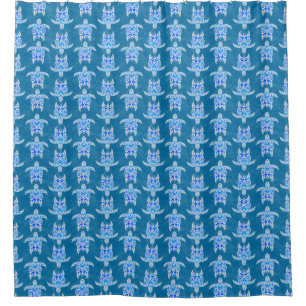 Blue Tribal Honu Sea Turtles シャワーカーテン
