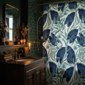 Blue Tropical Botanical Leaf Pattern – Elegant シャワーカーテン