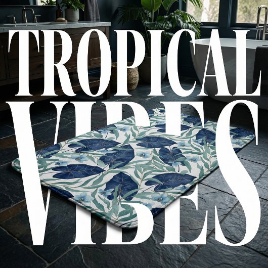 Blue Tropical Botanical Leaf Pattern – Elegant  バスマット