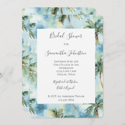 Blue Tropical Island Palm Trees Bridal Shower  招待状 (正面/裏面)