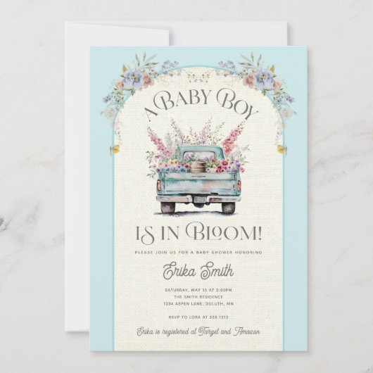 Blue Truck Baby in Bloom Baby Shower Invitation 招待状 (正面)