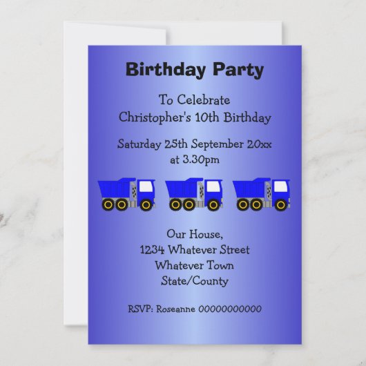 Blue Truck Design Boy's Birthday Party 招待状 (正面)