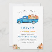 Blue Truck & Pumpkin Fall Farm Birthday 招待状 (正面)