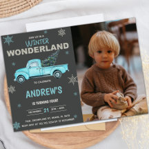 Blue truck Winter Wonderland Birthday Invitations