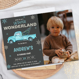 Blue truck Winter Wonderland Birthday Invitations 招待状