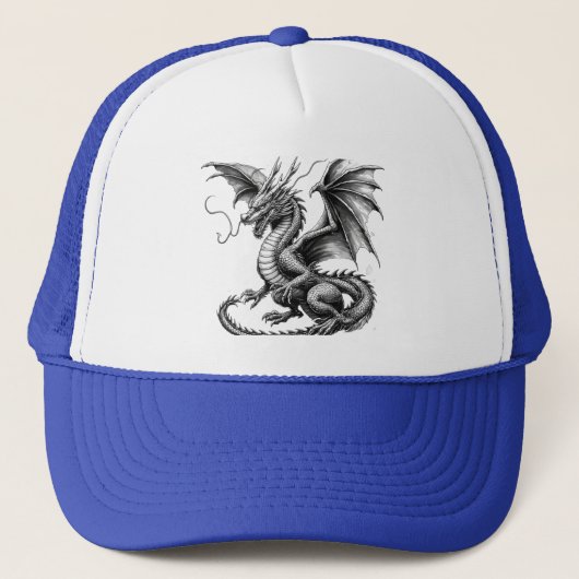 Blue Trucker Hat with Dragon Design - Black and Wh キャップ (正面)