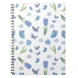 Blue Tulip and Butterfly Seamless Pattern ノートブック