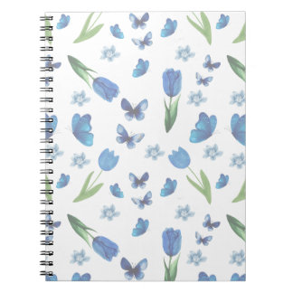 Blue Tulip and Butterfly Seamless Pattern ノートブック