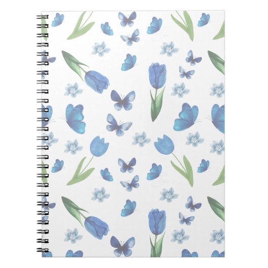 Blue Tulip and Butterfly Seamless Pattern ノートブック (正面)
