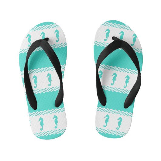 Blue Turquoise Coastal Seahorses Stripes キッズビーチサンダル (フットベッド)