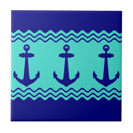 Blue Turquoise Nautical Anchor Coastal Stripes タイル (正面)