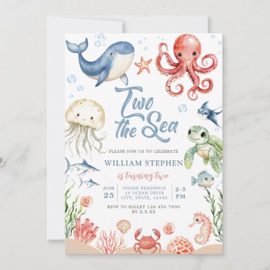 Blue Two The Sea Ocean Animals 2nd Birthday 招待状 (正面)