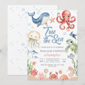 Blue Two The Sea Ocean Animals 2nd Birthday 招待状 (正面/裏面)