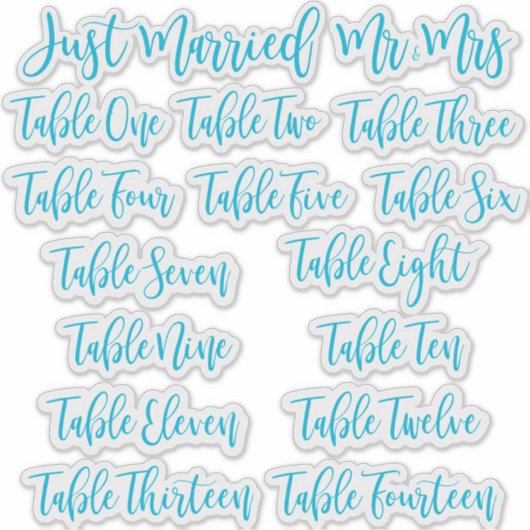 Blue Typography Just Married, Mr & Mrs and Table シール (正面)