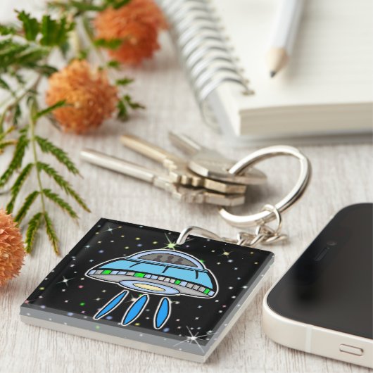 Blue UFO with Starry night Outer Space Keychain キーホルダー (正面右)