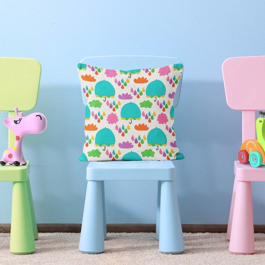 Blue Umbrellas with Clouds and Raindrops クッション