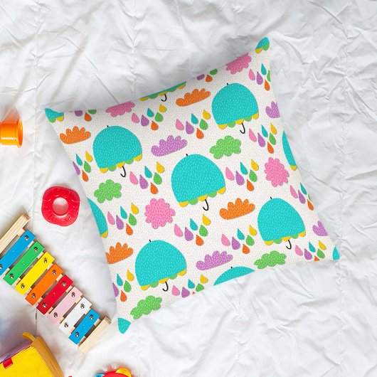 Blue Umbrellas with Clouds and Raindrops クッション