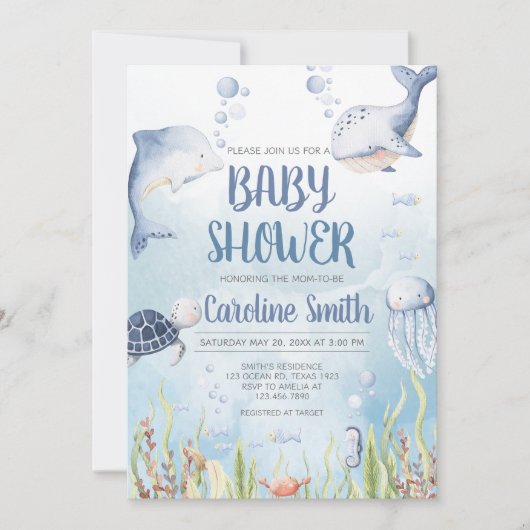 Blue Under the Sea Baby Shower 招待状 (正面)