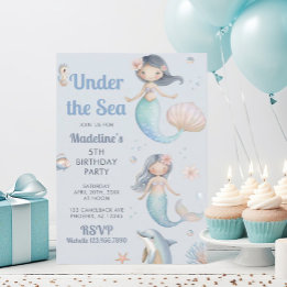 Blue Under the Sea Mermaid Birthday Party 招待状