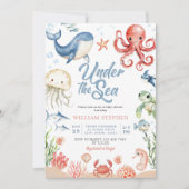 Blue Under The Sea Ocean Animal Girl Baby Shower 招待状 (正面)