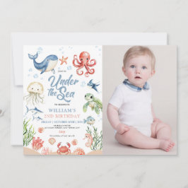 Blue Under The Sea Ocean Animal Photo Birthday 招待状